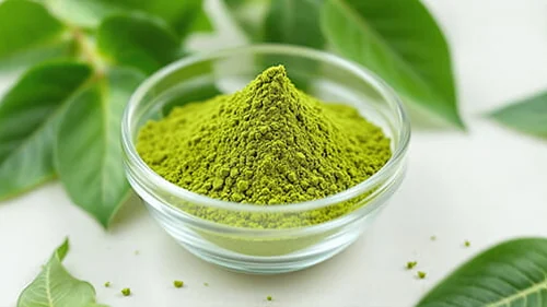 Fine green mineral powder in a small glass bowl with leaves